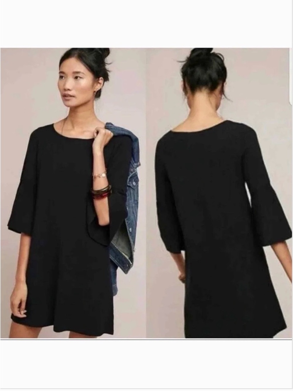 Anthropologie Moth Chester Bell Sleeve Tunic Sweater Black Knit Dress SZ M